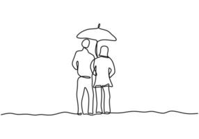 Continuous line drawing of couple in love under umbrella. A man and woman under the umbrella together from the rain under them. The concept of romantic moment of rainy. Vector for Valentine's Day