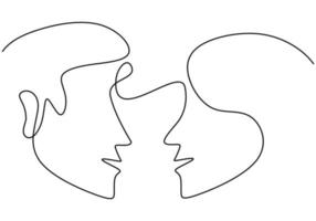 Continuous one line drawing of man and woman heads on white background. Young romantic couple in face to face pose. Happy Valentine Day. Minimalistic style loving graphic design. Vector illustration