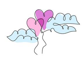 un dibujo de línea continua de dos globos en forma de corazón en el aire. concepto de tarjeta de invitación de boda romántica aislado sobre fondo blanco. feliz día de San Valentín. dibujado a mano ilustración vectorial vector