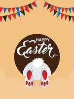 Fondo de celebración del día de Pascua con colorida bandera de fiesta y coloridos huevos y conejitos vector