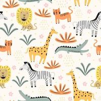 Seamless pattern with cute wild animals childish. Animals zoo with lion, zebra, crocodile, cat and giraffe. Suitable for design kid textile, wrapping paper, background. Kids animal characters. vector