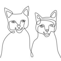 Continuous one line drawing of two happy cat funny faces. A kitten couple is sitting isolated on white background. Doodle animals icons minimalistic line art. Vector Valentine's Day illustration