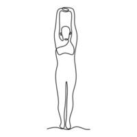 dibujo continuo de una línea del ejercicio de yoga de práctica humana. Joven y bella mujer profesional haciendo tadasana pose de yoga aislado sobre fondo blanco. tema del día internacional del yoga. vector
