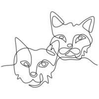 Continuous one line drawing of cat face couple. Two cute kitten head minimalist art isolated on white background. Pet animals concept hand draw design contour. Vector illustration