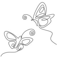 Butterfly one continuous line drawing. Beautiful butterfly couple is flying together in the air. Romantic theme isolated on white background. Symbol of love and valentine. Vector minimalist style