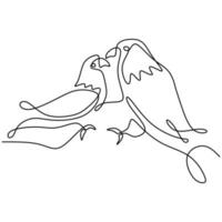 Continuous line drawing of two flying birds. Couple of birds in love fly together in the sky hand drawn minimalism isolated on white background. Valentine's Day, romantic design vector illustration