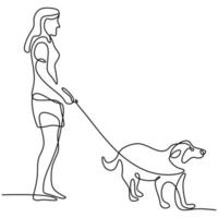 Continuous line drawing of woman happy pet lover with dog. Young female enjoy playing with her cute dog linear sketch isolated on white background. Friendship about human and pet animal concept vector