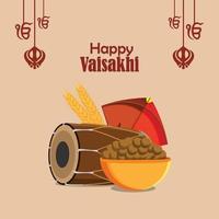 tarjeta de felicitación plana vaisakhi y plantilla con ilustración y tambor vector