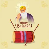 tarjeta de felicitación plana vaisakhi y plantilla con ilustración y tambor vector