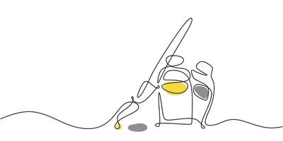 One single continuous line drawing of painting equipment with brush, yellow and grey ink isolated on white background. vector