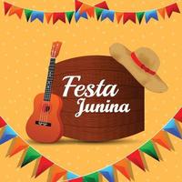 Ilustración de vector de festa junina con bandera de fiesta colorida y guitarra