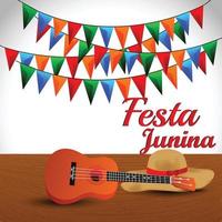 Tarjetas de invitación de Festa Junina con guitarra y linterna de papel sobre fondo blanco. vector