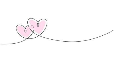 Continuous line drawing of love sign with two pink hearts embrace minimalism design on white background vector