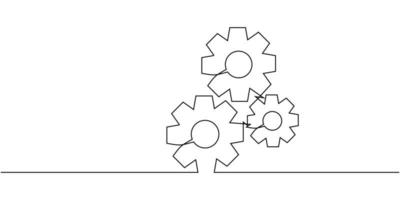 One continuous line of moving gears wheels. Round wheel metal symbol company logotype template for business teamwork concept. Dynamic single line draw graphic design