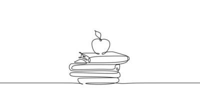 dibujo continuo de una línea de manzana sobre la pila de libros, diseño de ilustración vectorial minimalista sobre fondo blanco. estilo gráfico moderno de línea simple aislada. concepto gráfico dibujado a mano para la educación vector