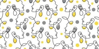 Seamless pattern of abstract man face in one single continuous line style with grey and yellow color on white background vector