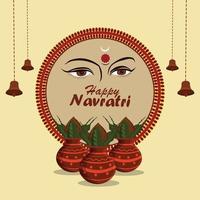 Shubh navratri celebration greeting card and background with golden kalash vector