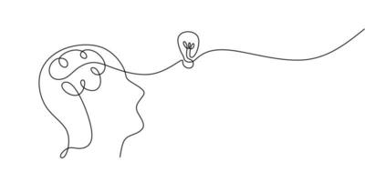 Continuous one drawn line of a man thinking with light bulb in front of his head. Allegory of solution and creative search. Minimalism concept of idea and creativity. vector