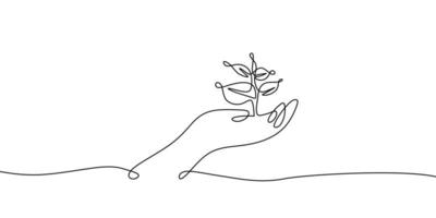 dibujo continuo de una línea del tema de regreso a la naturaleza con la mano sosteniendo una planta. concepto de crecimiento y amor a la tierra.