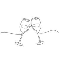 dibujo continuo de una línea de dos copas de vino animando momentos de celebración aislados sobre fondo blanco. vector