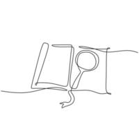 One continuous line of a magnifying glass above an open book. Zoom in and discovery concept. vector