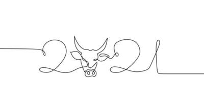 One line drawing style number 2021 with cow head.Continuous one line drawing of a 2021 new year text. Celebration New Year concept isolated on white background. vector