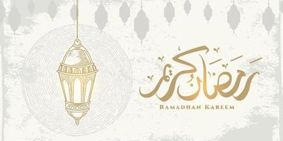 Ramadan Kareem greeting card with hanging lanterns and arabic calligraphy means Holly Ramadan. Sketch hand drawn style Isolated on white background. vector