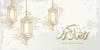 Ramadan Kareem greeting card with hanging golden lanterns sketch and Arabic calligraphy means Holly Ramadan. Hand drawn sketch elegant design isolated on white background. vector