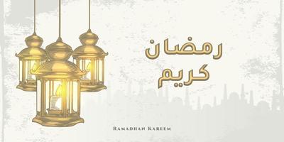 Ramadan Kareem greeting card with big golden lantern and golden Arabic calligraphy means Holly Ramadan. Hand drawn sketch elegant design. vector