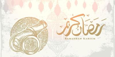 Ramadan Kareem greeting card with golden gunner sketch, hanging lantern and arabic calligraphy means Holly Ramadan. Sketch hand drawn style Isolated on white background. vector