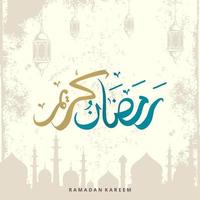 Ramadan Kareem greeting card with lantern and mosque element and arabic calligraphy means Holly Ramadan in blue and golden color. Hand drawn sketch elegant design. vector