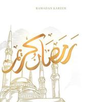 La tarjeta de felicitación de Ramadán Kareem con un gran dibujo de mezquita y caligrafía árabe dorada significa Ramadán de acebo. boceto dibujado a mano elegante diseño aislado sobre fondo blanco. vector