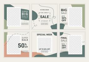 6 bundle of sale square banner. Minimalist modern puzzle abstract brush design style template with pastel color. Suitable for promotional ads in social media feed posts. Vector Illustration