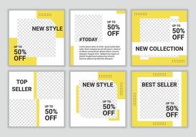 Set of editable minimal square banner template for social media fashion sale promotion post in yellow and white color. Suitable for social media post and web internet ads. Vector illustration