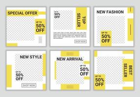 Set of fresh color social media post template, promo, discount, sale. Editable collection backgrounds with yellow and white color combination. Vector illustration. Anyone can use this design easily.