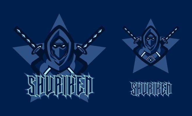 Ninja Assassin mascot logo game for sport and e-sport team illustration.  Knight ninja with two swords on blue background. Professional gamer  template design element for logo e-sport gaming team squad 2215680 Vector