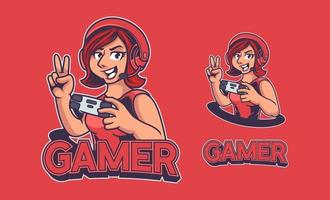 Red woman mascot e-sport logo with headphone and holding joystick. Knight Woman e-sport logo isolated on red background. Beautiful gamer girl for e-sport gaming team. Vector illustration