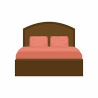 Double wooden bed in flat design for bedroom, hotel room. Cartoon furniture and equipment icon set isolated on white background. A place to sleep and relax. Apartment interior stuff. vector