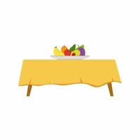 Flat vintage dinner table with fresh fruit plate on it isolated on white background. Kitchen furniture interior concept. Wooden retro table in cartoon style. Flat vector illustration