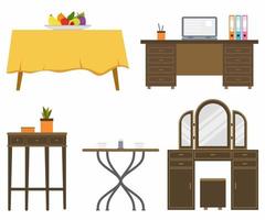 Conjunto de diferentes mesas de salón, incluye escritorio de oficina en casa, mesa de comedor, tocador, mesa de esquina y mesa de centro en estilo plano. concepto de mobiliario interior. plantilla de diseño gráfico vectorial vector