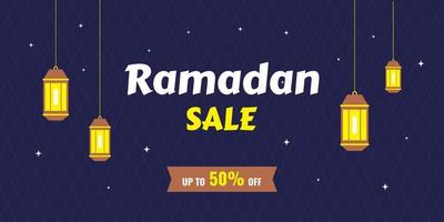 concepto de ramadan kareem banners horizontales con iconos de dibujos animados planos. feliz eid mubarak con linternas tradicionales aisladas sobre fondo azul marino. celebración musulmana islámica. ilustración vectorial. vector