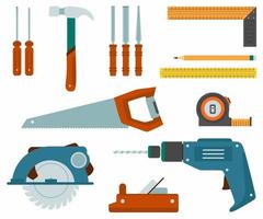 Repair and construction working tools icon set. Carpentry equipment such as hammer, roll meter, manual saw, chisel, ruler, pencil, hand drill, chainsaw, screwdriver, carpenter plane etc. Flat vector