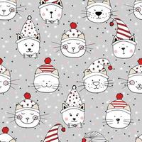 Cabezas de gatito agradable transparente con sombreros sobre fondo de estrellas. patrón de feliz navidad. impresión para tela, papel de regalo y complementos infantiles.