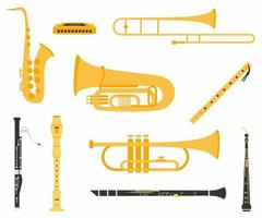 Set collection of musical instruments with different types, include clarinet, oboe, saxophone, flute, trumpet, trombone, harmonica, tuba, bassoon and wooden flute. Musical instrument flat vector