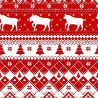 Seamless Christmas pattern - varied Xmas cows with norway ornaments. Red and white Happy New Year background. Vector design for winter holidays. Print for fabric.