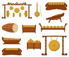 Vector set of traditional percussion musical instruments in the flat style. Various classical orchestral musical instruments. Indonesian musical instruments. Cartoon graphic design elements