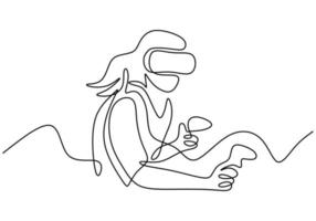Girl using VR with single continuous one line art drawing. Smart technology futuristic game player concept. Woman holding motion controller. 3D augmented entertainment. Vector illustration
