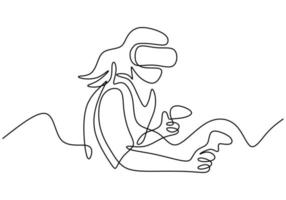 Girl using VR with single continuous one line art drawing. Smart technology futuristic game player concept. Woman holding motion controller. 3D augmented entertainment. Vector illustration