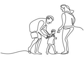 Continuous one line drawing of happy family father, mother and their child playing together at home field isolated on white background. Happy family parenting concept. Vector illustration