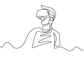 joven con gafas vr un dibujo de línea continua. un joven usa gafas de realidad virtual del dispositivo cuando juega en casa estilo minimalista de arte lineal dibujado a mano. ilustración vectorial vector